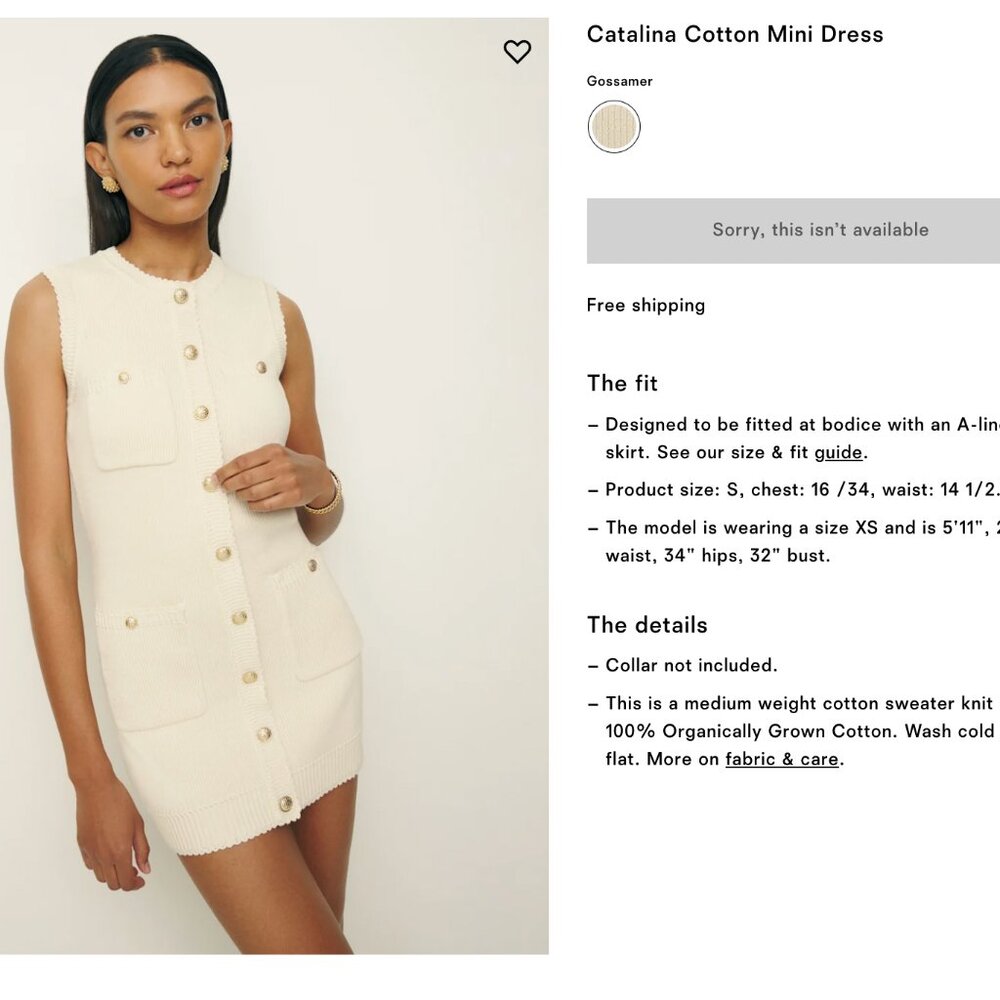 Reformation Catalina Cotton Mini Dress Ivory - Size S